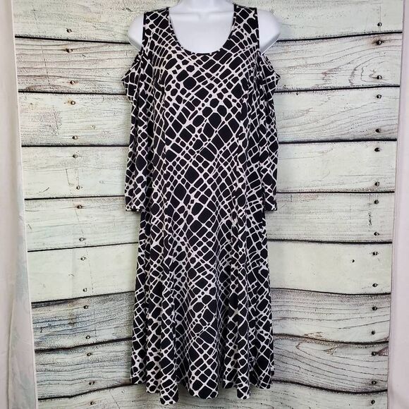 Susan Graver Black White Cold Shoulder Midi Dress Size M Abstract Geo - Picture 1 of 6